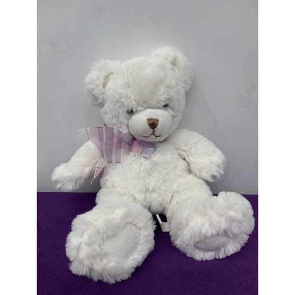 Dena NO 1784 First Main White Bear Plush Stuffed Animal Purple Pink Striped Ribb - Picture 1 of 12